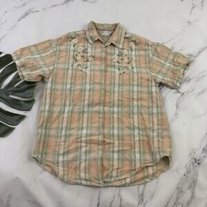 Styleworks Womens Vintage 90s Plaid Shirt Size 8 Peach Green Floral Embroidered
